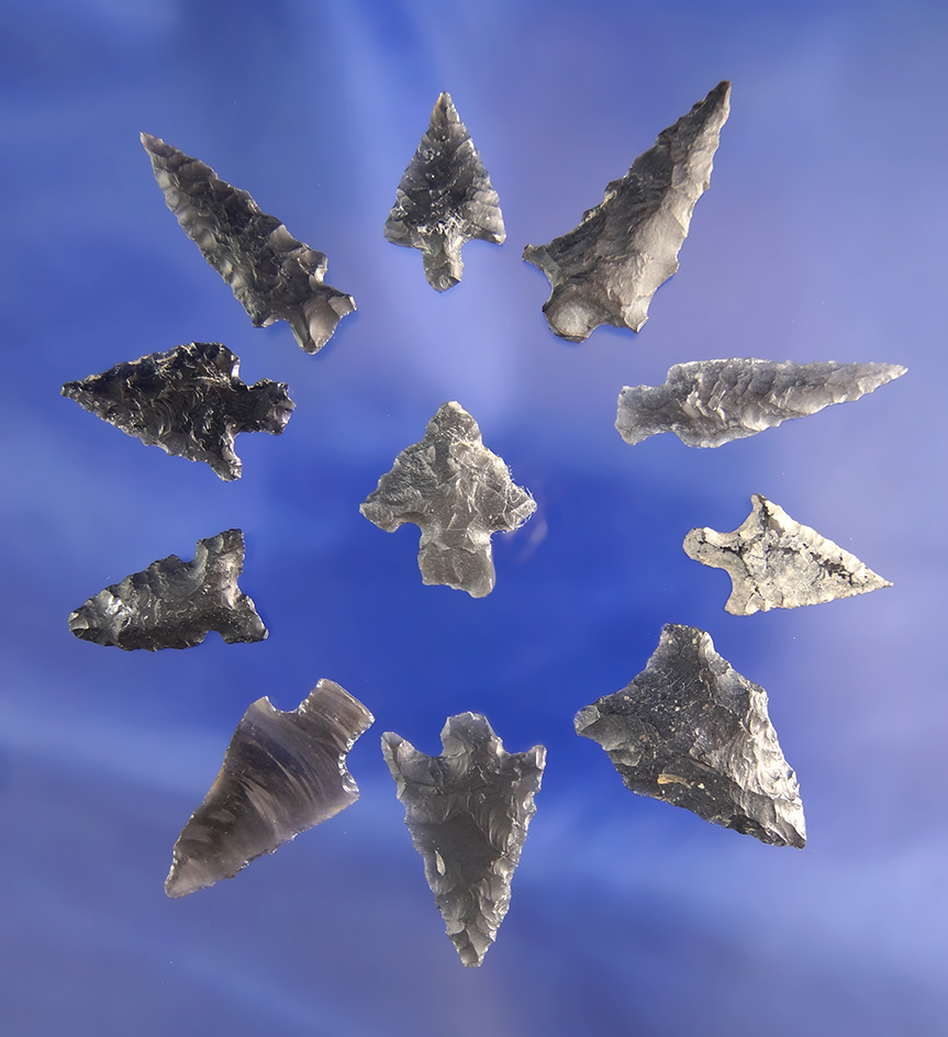 Set of 11 small Obsidian and Dacite arrowheads found near Fort Rock Oregon, largest is 7/8".