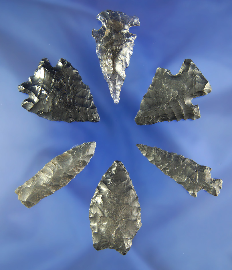 Set of six assorted Western U.S. Obsidian arrowheads, largest is 1 5/8".