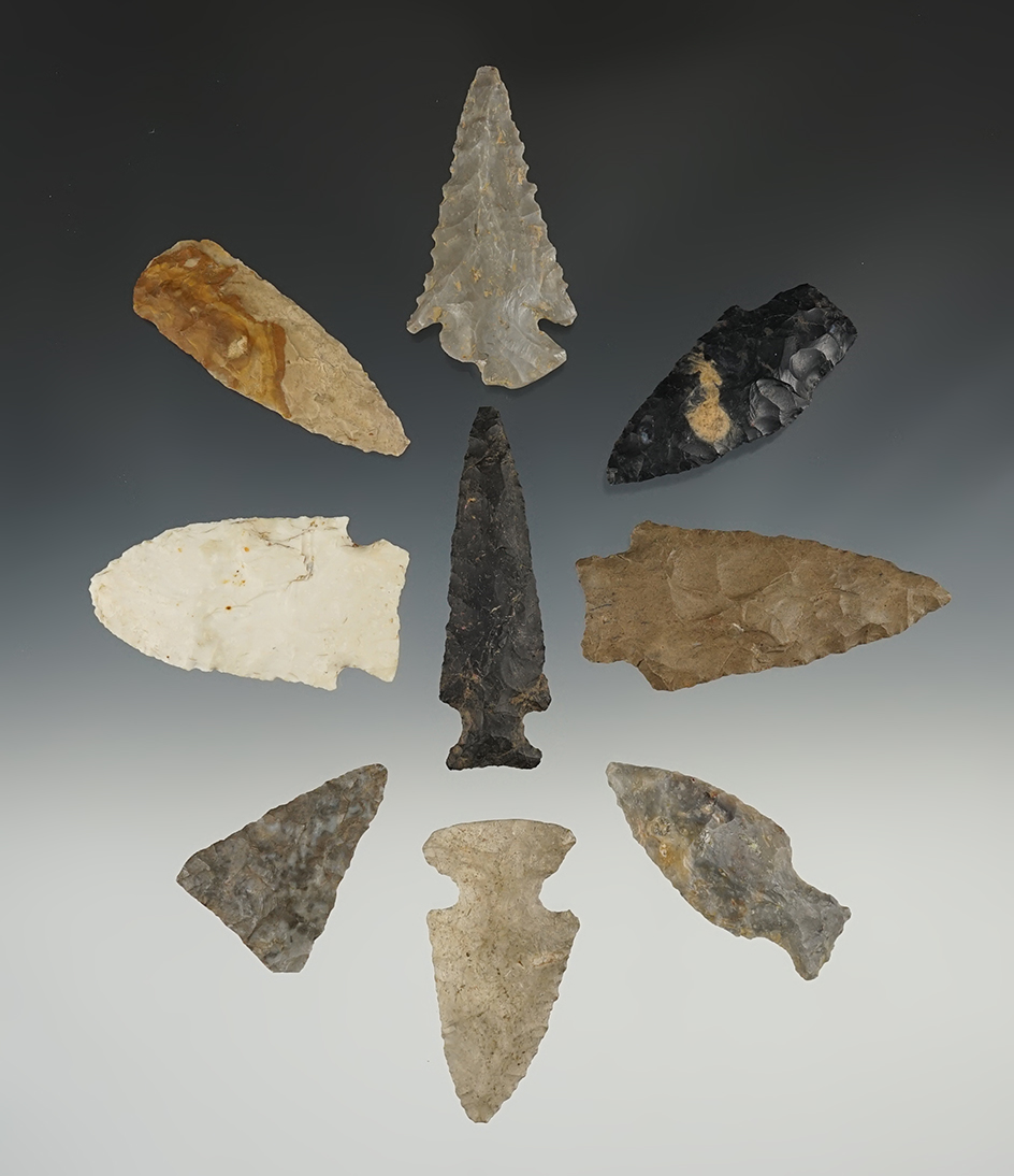 Set of 9 nice points found in various states. The largest is 2 7/8".