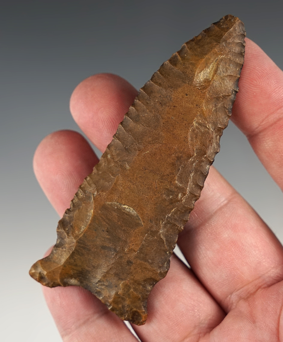 3 1/2" Greenbrier found in Stewart Co., Tennessee. Heavily patinated flint with superb edge work.