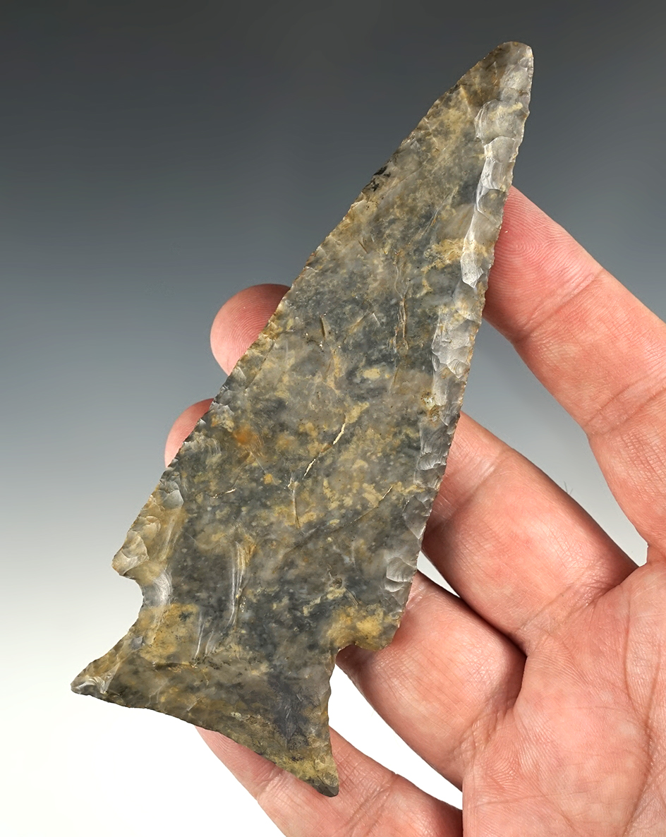 4 7/8" Hopewell found on the Albright Turkey Farm in Huron Co., Ohio. One corner restored.