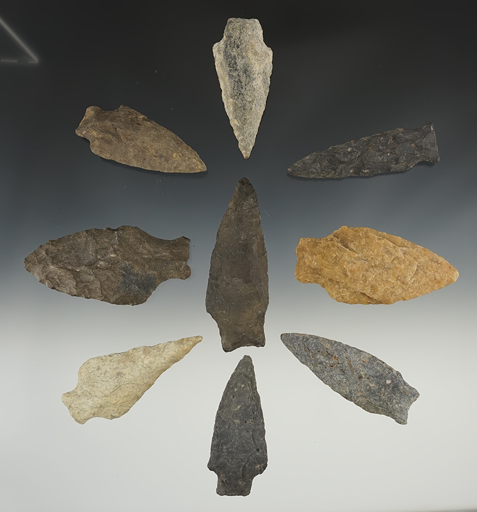 Set of 9 nice points found in the Eastern U.S. The largest is 3 5/16".