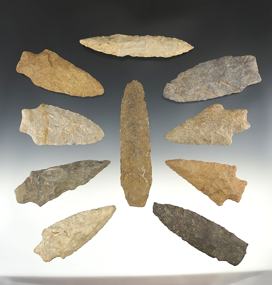 Set of 10 nice points found in the Eastern U.S. The largest is 4 1/8".