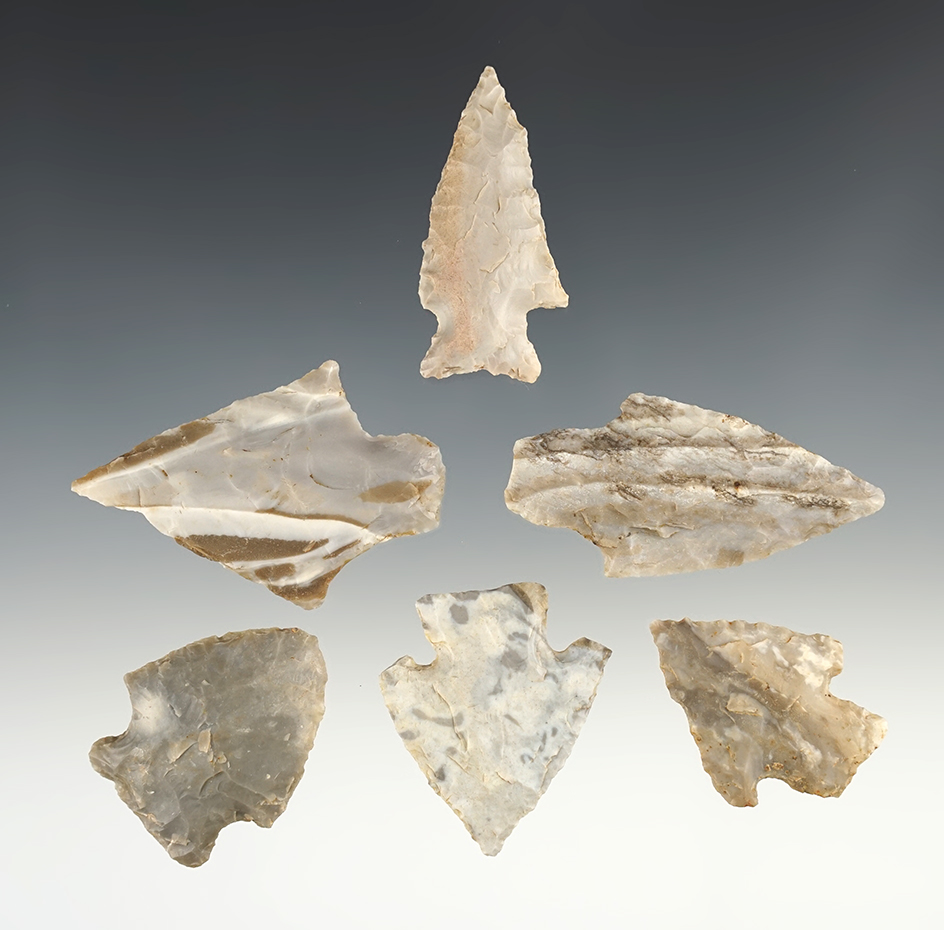 Set of 6 assorted points found in various locations. The largest is 2 1/4".