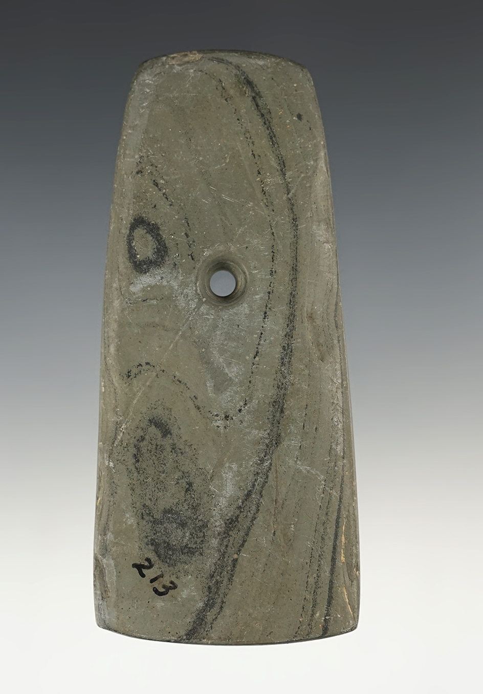 4 1/8" Trapezoidal Pendant made from vivid Banded Slate. Found in Hardin Co., Ohio.