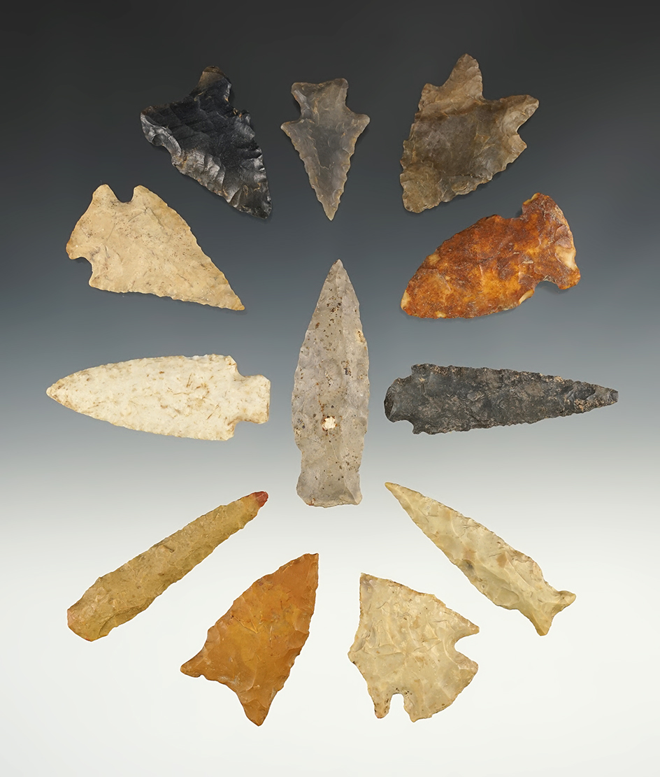 Set of 12 assorted points found in various location across the U.S. The largest is 2 1/2".