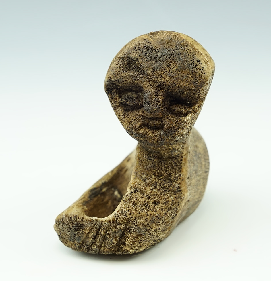 Unique 3 3/16" Tall Human Faced Effigy carved from a llama bone. Recovered in Peru.