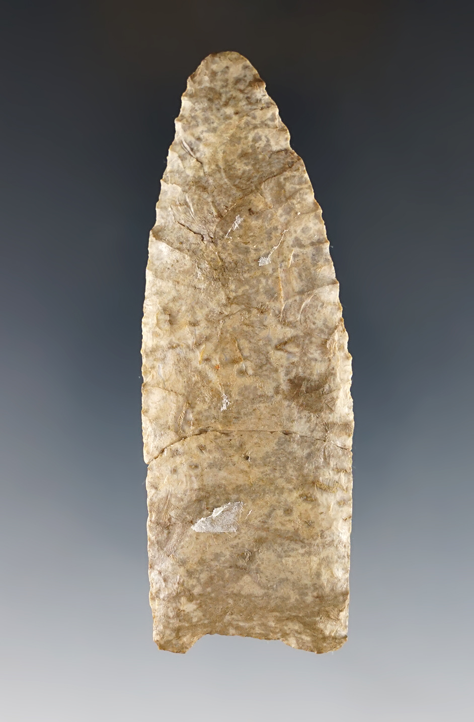 3 7/16" Fluted Paleo Clovis that is broken and tightly glued. Displays well. Crawford Co., Ohio.