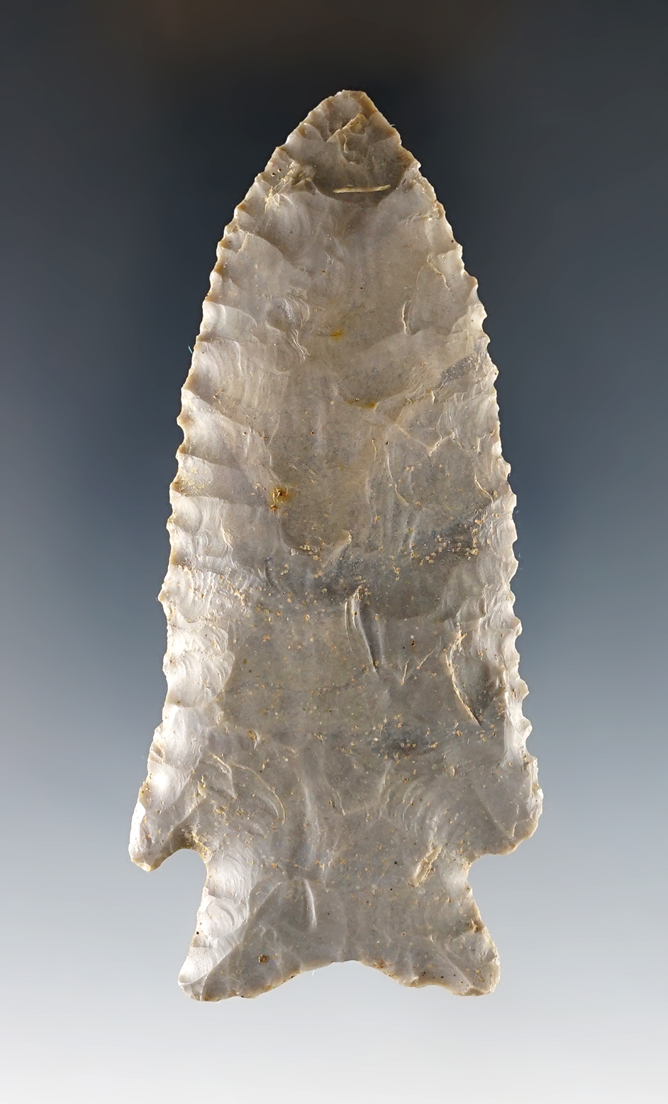 3 1/2" Stilwell with fine serrations. Made from well patinated Hornstone. Midwestern U.S.