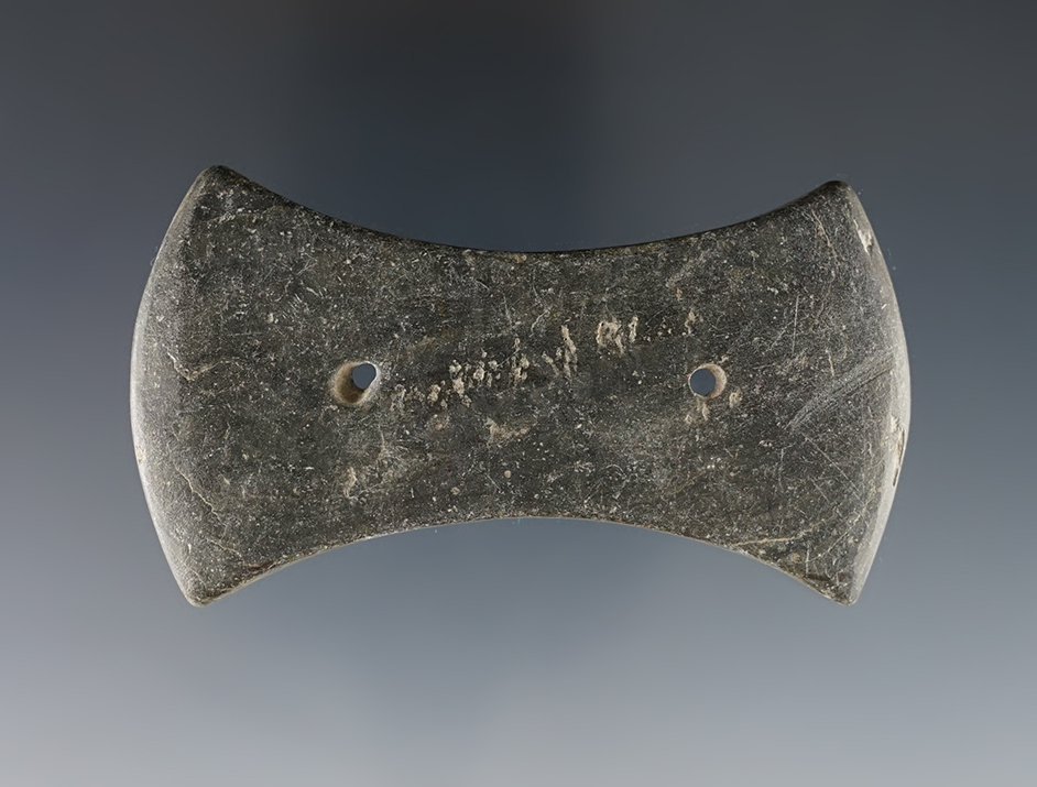 Small but fine 3" wide Bi-Concave Gorget found in Ohio. Shows excellent age on surface.