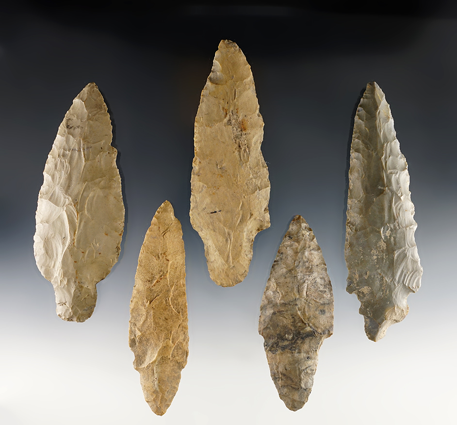 Set of 5 large and well patinated Adena points found in the Midwestern U.S. The largest is 5".