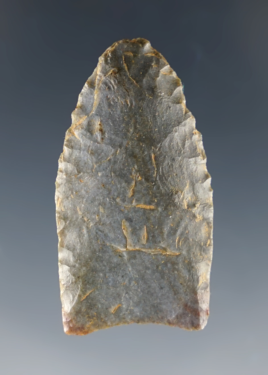 1 5/8" Fluted Paleo Clovis Point found in Ohio. Made from high-grade Flint.