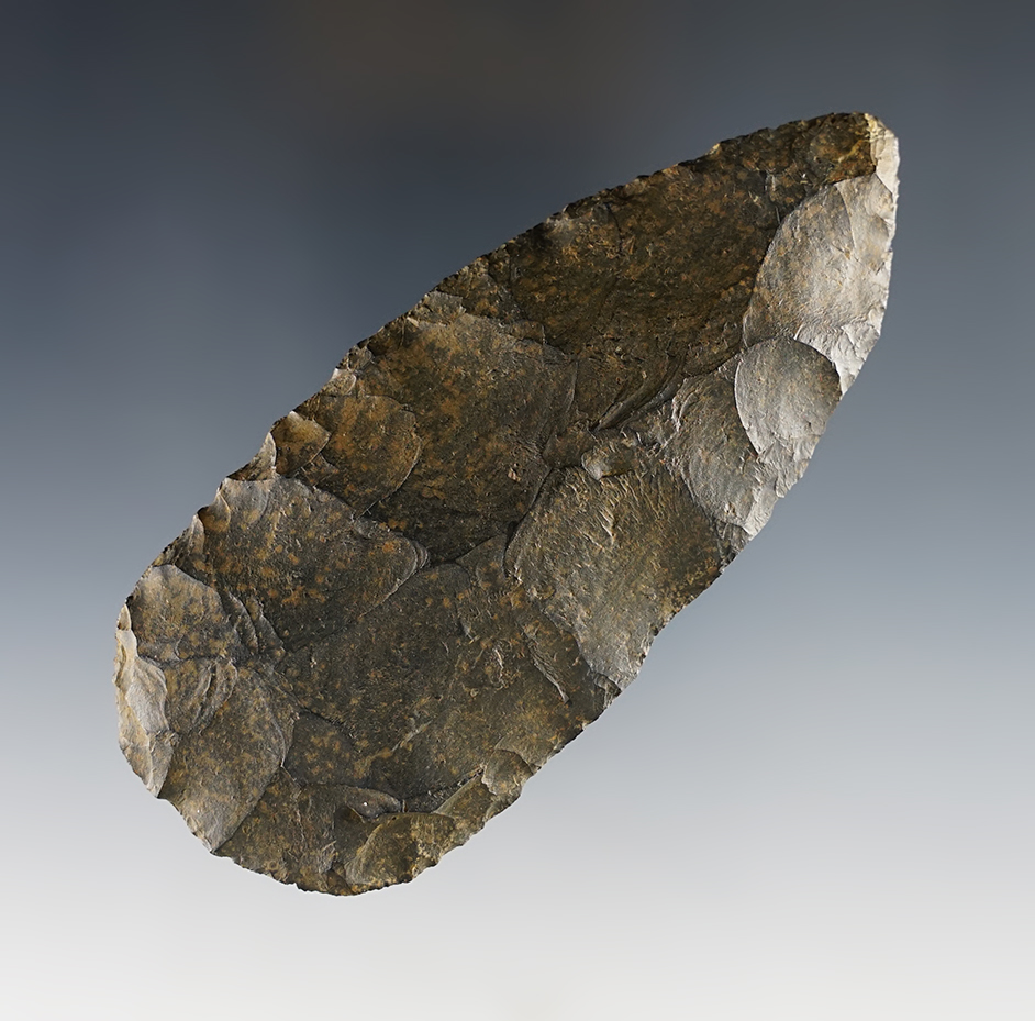 4 1/8" Cache Blade made from Coshocton Flint. From the 1898 Holmes Co., Ohio Cache. COA.