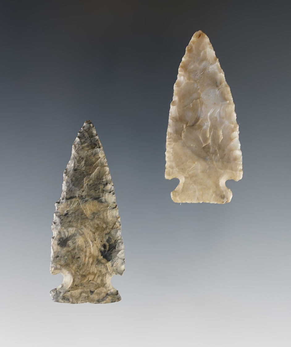 Pair of nicely made Intrusive Mound points. Found in Marion Co., Ohio. The largest is 2".