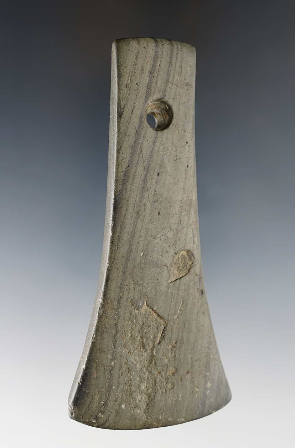 Classic 4 1/4" Bell Pendant made from Banded Slate. Found in Medina Co., Ohio. Ex. Root.