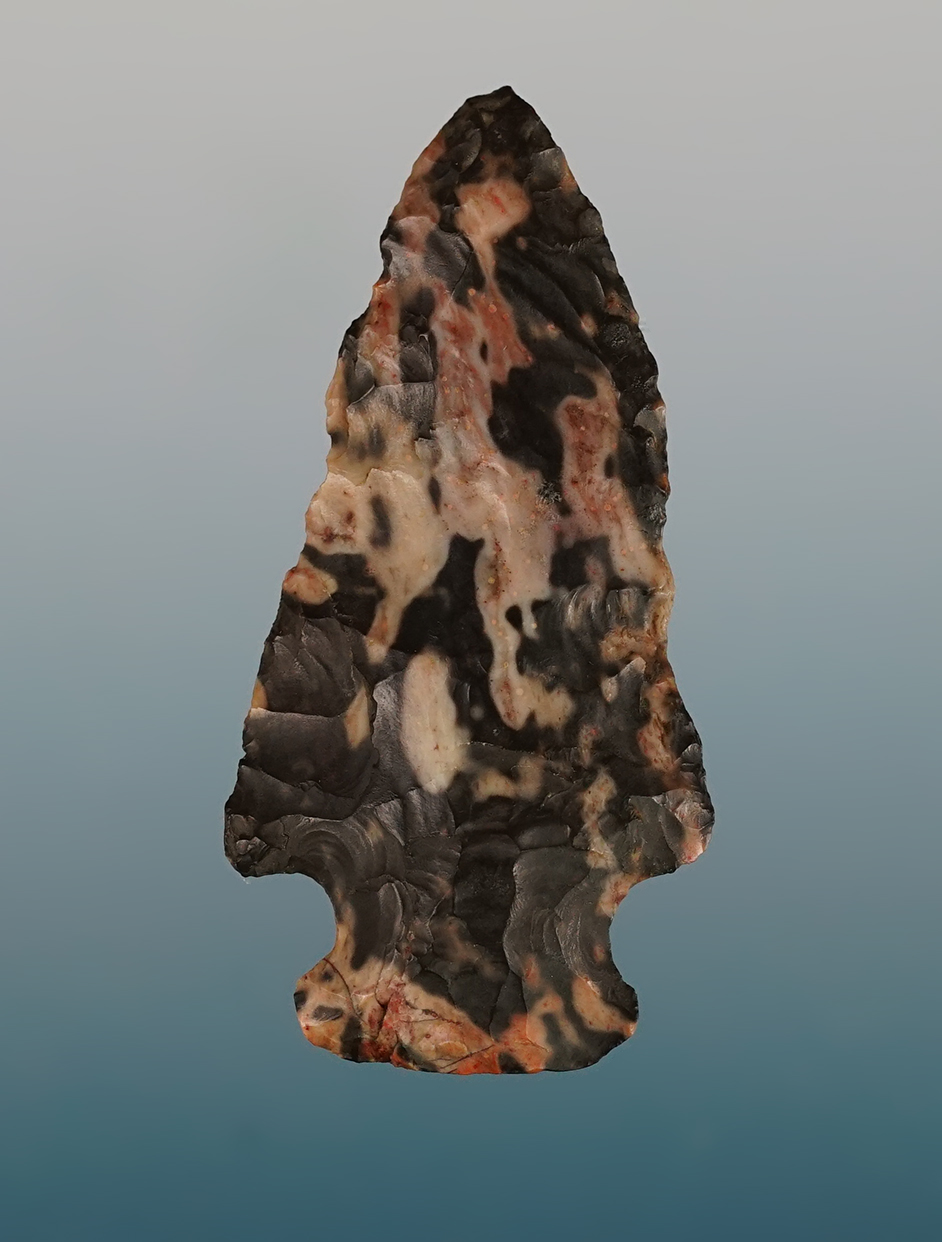 1 11/16" Hopewell made from exotic mottled Flint Ridge Nethers. Found in Licking Co., Ohio.