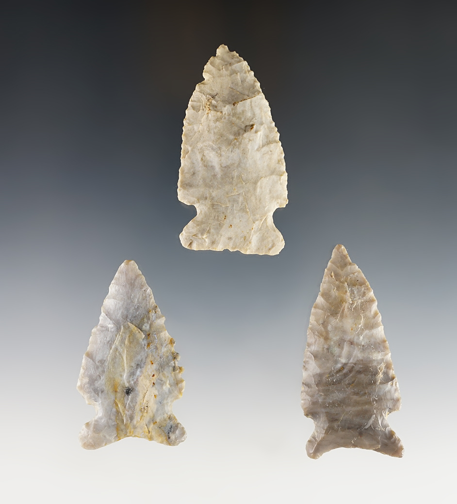 Set of 3 nice Archaic Cornernotch points found in Ohio. One is from Perry Co. 