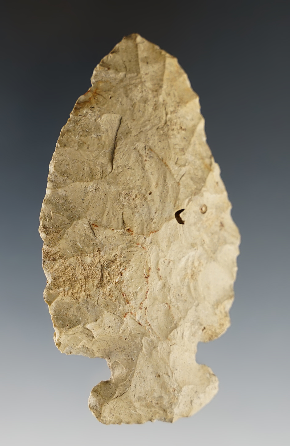 3 5/16" Thebes E-Notch made from heavily patinated Delaware Chert. Holmes Co., Ohio.