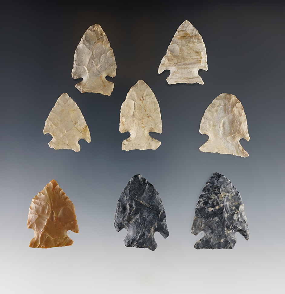 Set of 8 nicely made Intrusive Mound points found in Ohio. The largest is 1 1/2".