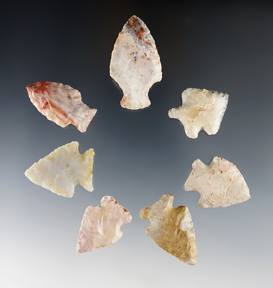 Set of 7 nicely colored Flint Ridge points found in various Ohio counties. Largest is 1 3/4".
