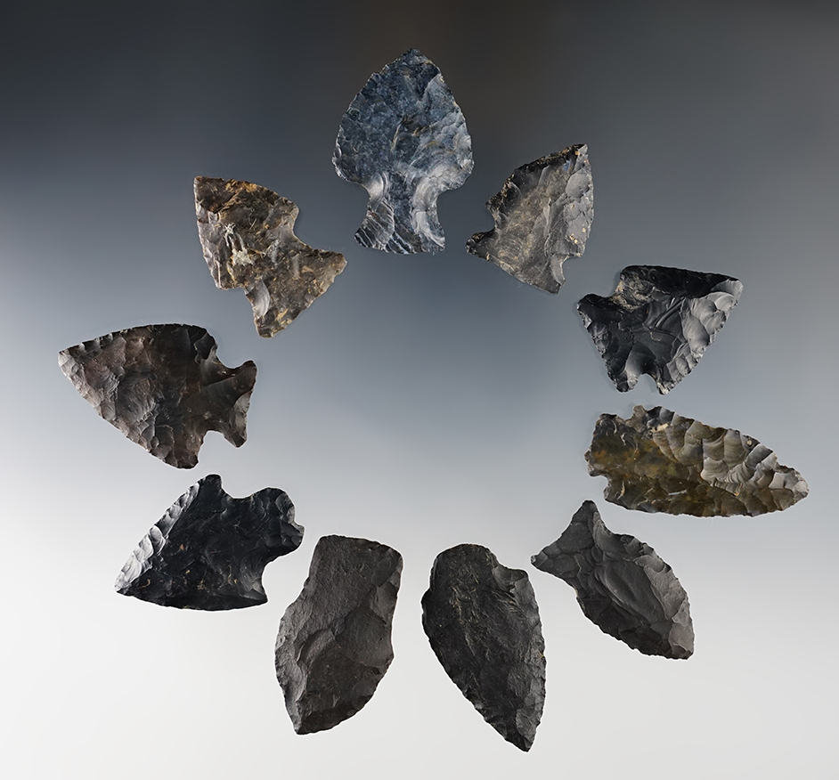 Set of 10 nice points made from Coshocton Flint. All were found in Ohio. The largest is 1 3/4".