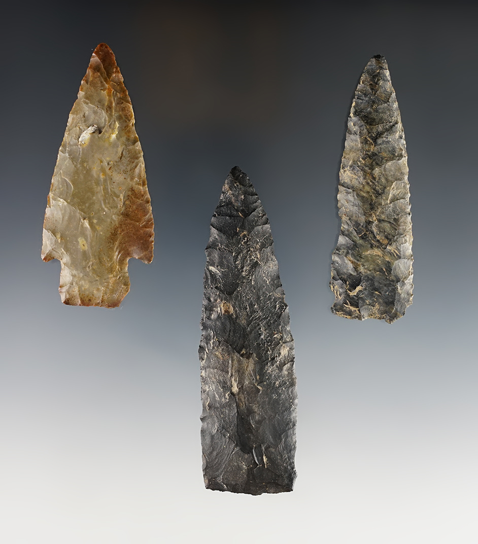 Set of 3 well made Ohio Points including a nice Paleo Lanceolate. The largest is 3 5/8".