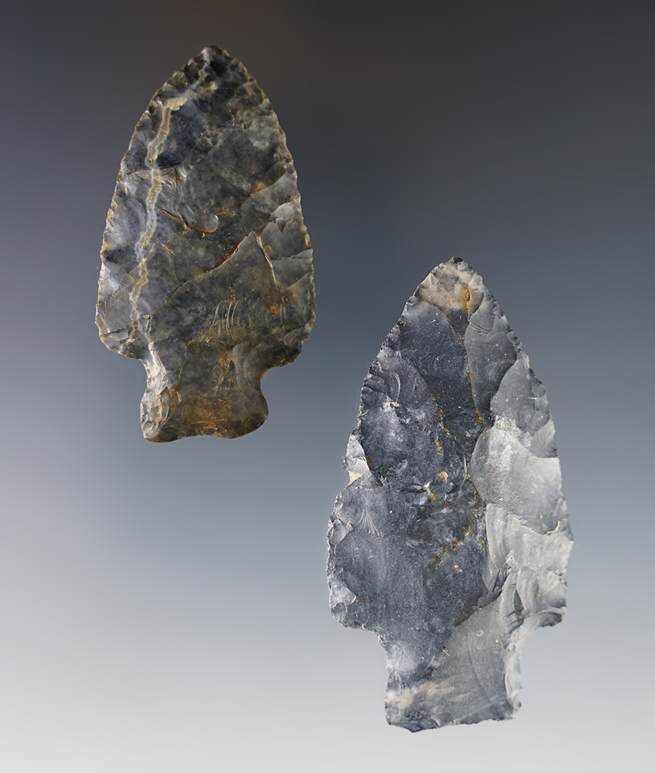 Pair of Archaic Heavy Duty points made from Coshocton Flint. Found in Morrow Co., Ohio. 