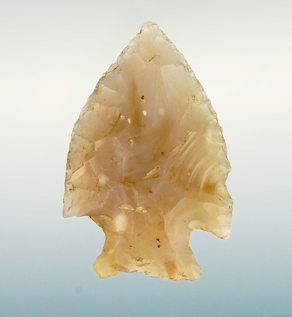 Finely made 1 7/8" Hopewell point made from translucent Chalcedony. Richland Co., Ohio.