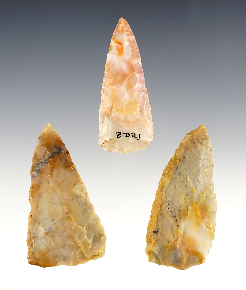 Set of 3 colorful Hopewell Blades made from Flint Ridge Flint. Found in Licking Co., Ohio. 