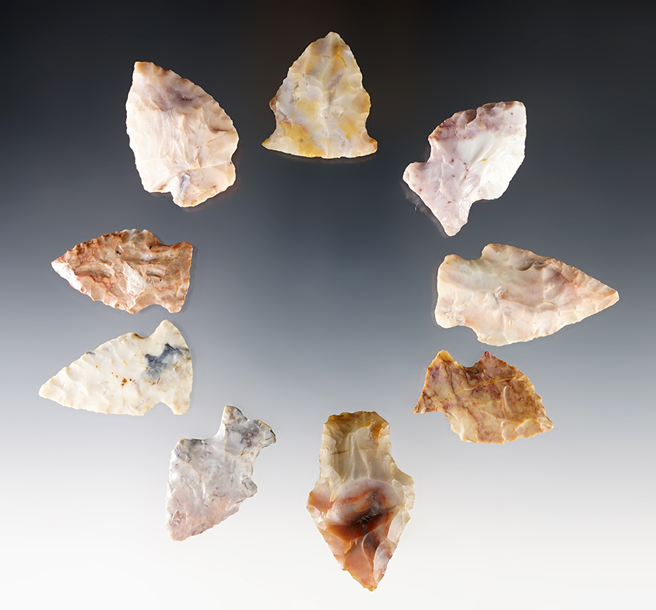 Set of 9 nicely made Ohio points made from Flint Ridge Flint. The largest is 1 3/4".