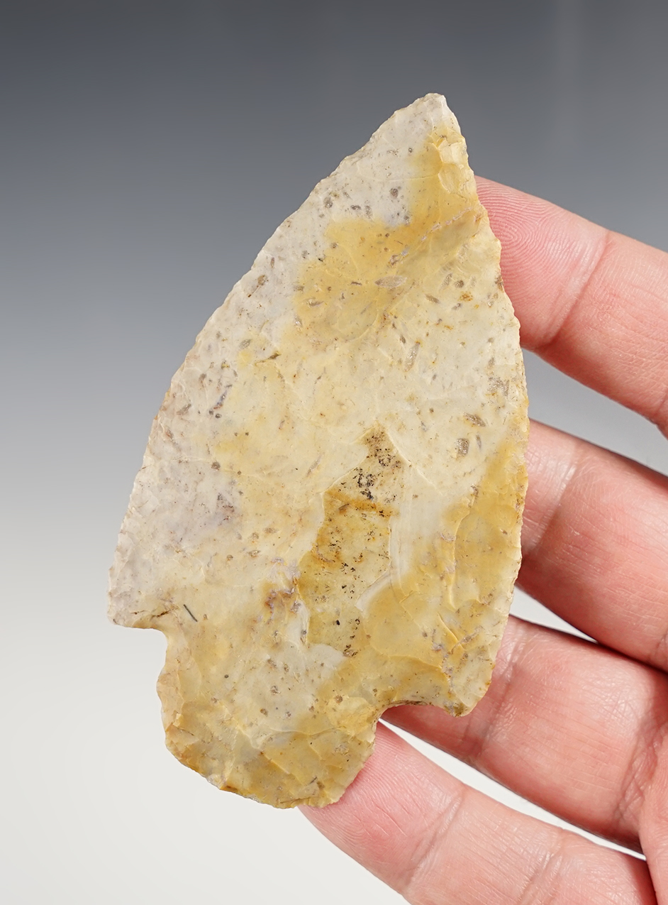 3 3/4" Adena made from patinated Flint Ridge Flint. Found in Union Co., Ohio. Bennett COA.