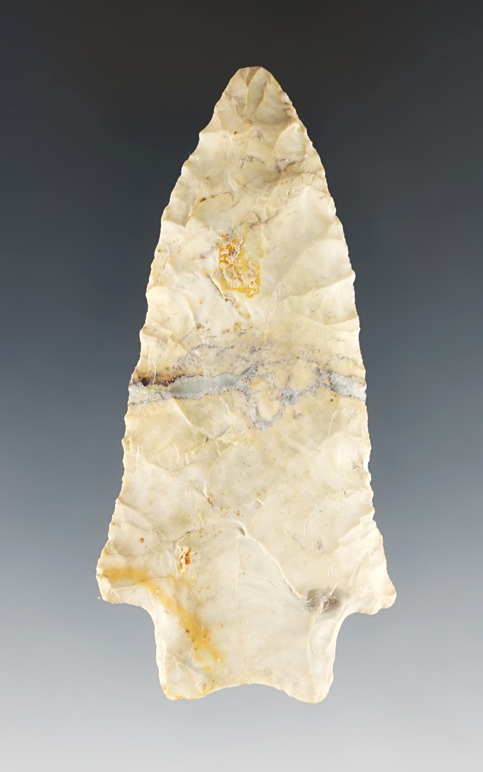 3" Rare Taper-Stemmed Transitional Paleo point - Flint Ridge Flint with great patina. Stark Co., Ohio.