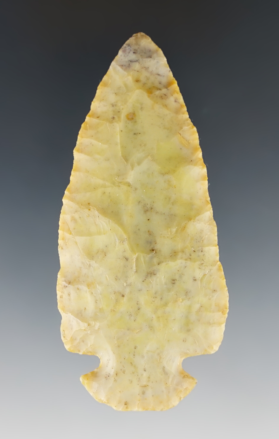 3 1/4" Archaic Dovetail made from beautiful yellow & blue Flint Ridge Flint. Found in Union Co., Ohio.