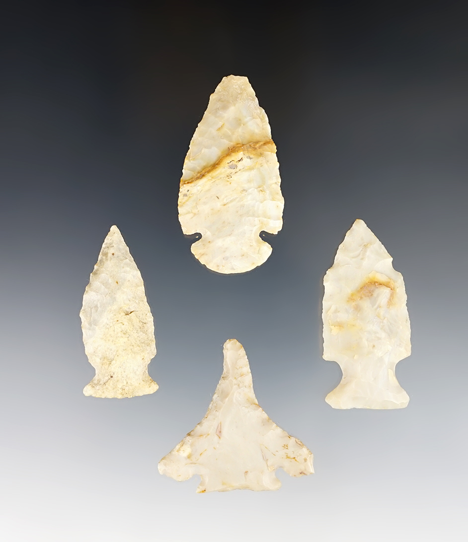Set of 4 Ohio Flint Ridge points. Types include 2 Fishspears, 1 rare Fracture-Base Drill and 1 Dovetail.