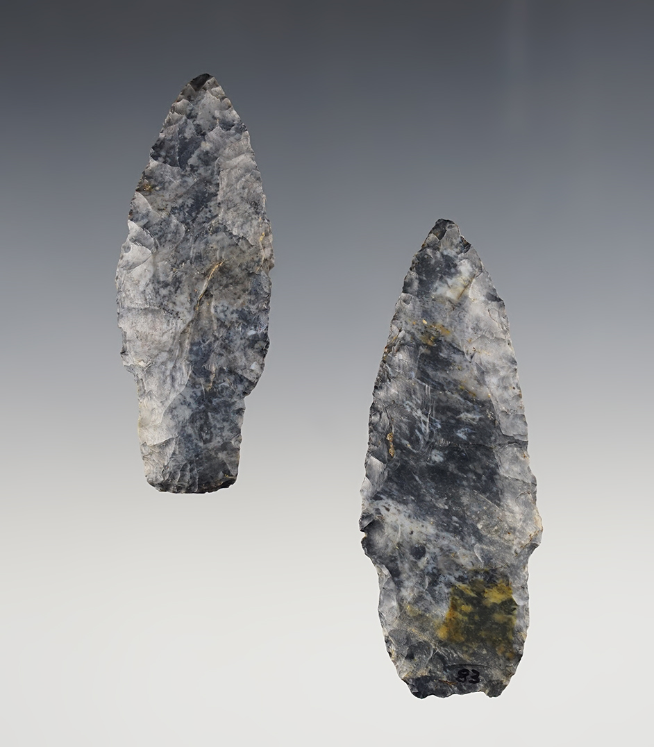 Pair of nicely made Adena points found in Ohio made from Coshocton Flint. Each has a Bennett COA.