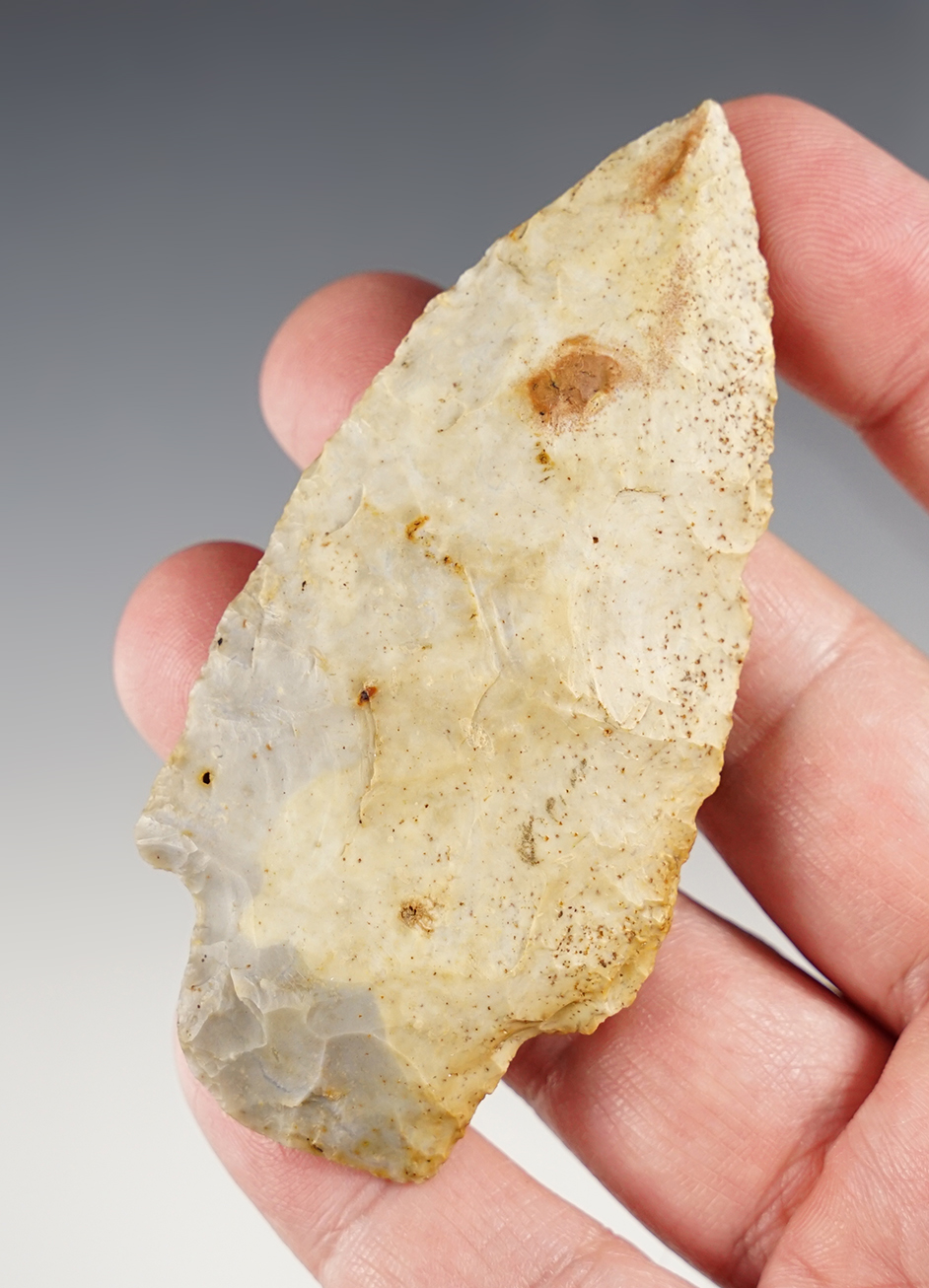 Well patinated 3 7/16" Adena found in Delaware Co., Ohio. Made from Flint Ridge Flint. COA.