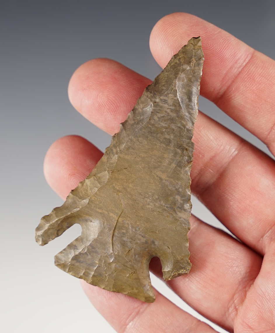 Steeply beveled 3" Archaic Deep Notched point found in Belmont Co., Ohio. Ex. Kenny McNeal.