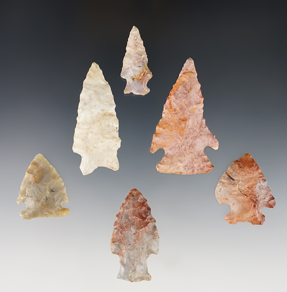 Set of 6 colorful points from various locations. The largest is 2 1/16".