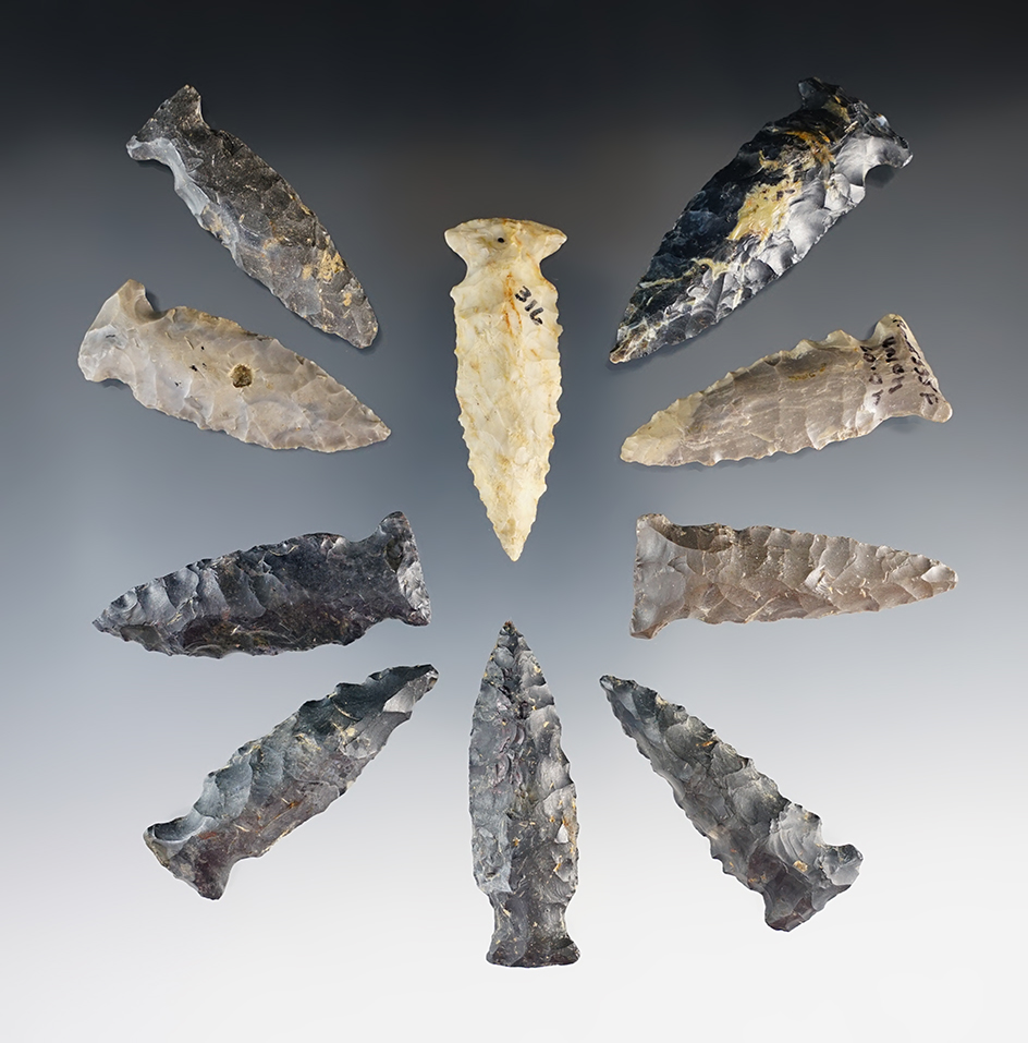 Group of 10 Archaic Fishspear Points found in various Ohio counties. Largest is 2 3/16".