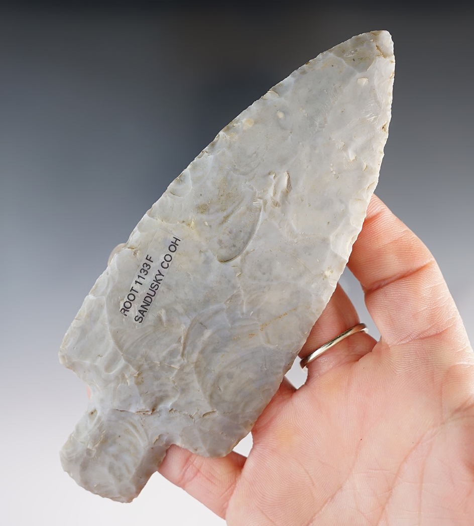 5 5/16" Robbins Adena made from cream and gray Flint Ridge Chalcedony. Fremont, Sandusky Co., OH.