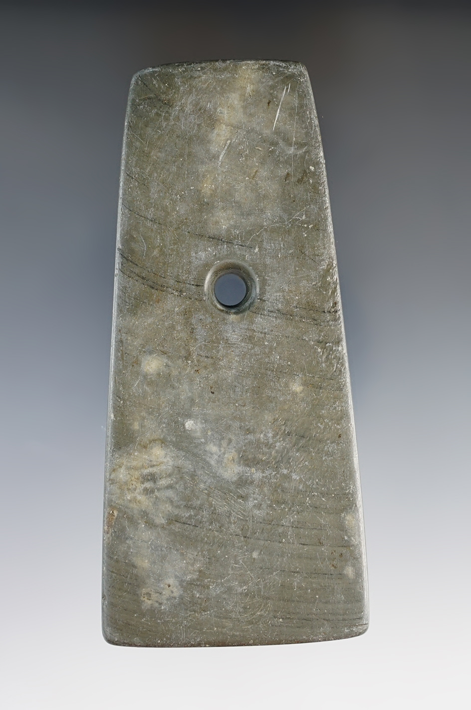 4 5/16" Adena Trapezoidal Pendant made from green and black Banded Slate. Found in Wood Co., Ohio.