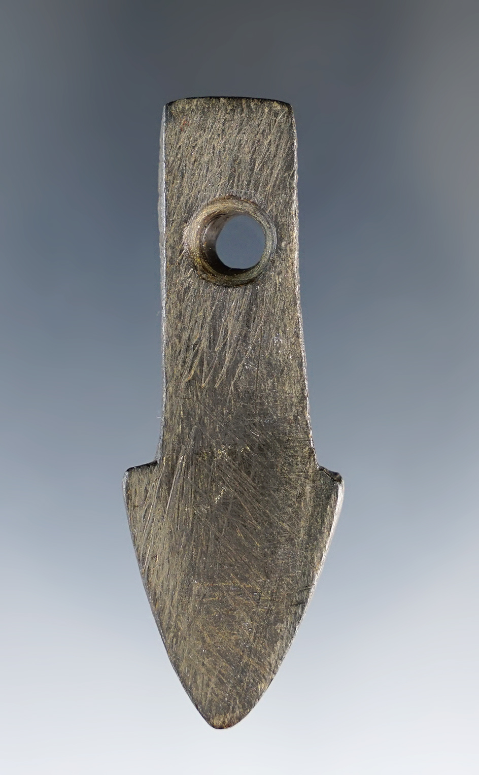 Miniature 2 3/8" Adena Anchor Pendant that is engraved and made from black Slate. Found in Ohio.