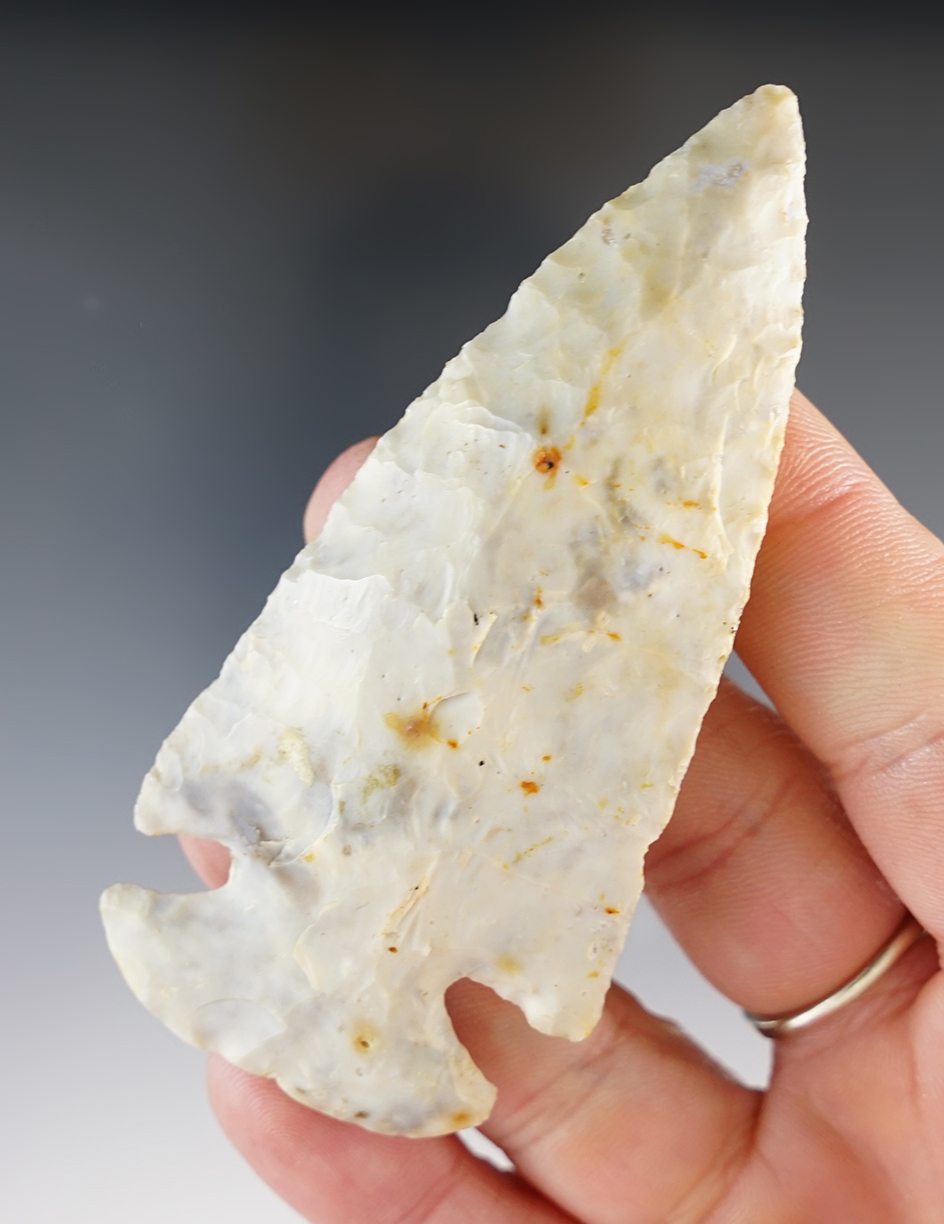 3 7/16" Archaic Notch Base Dovetail made from cream Flint Ridge Flint, found in Ohio. Ex. Jack Hooks