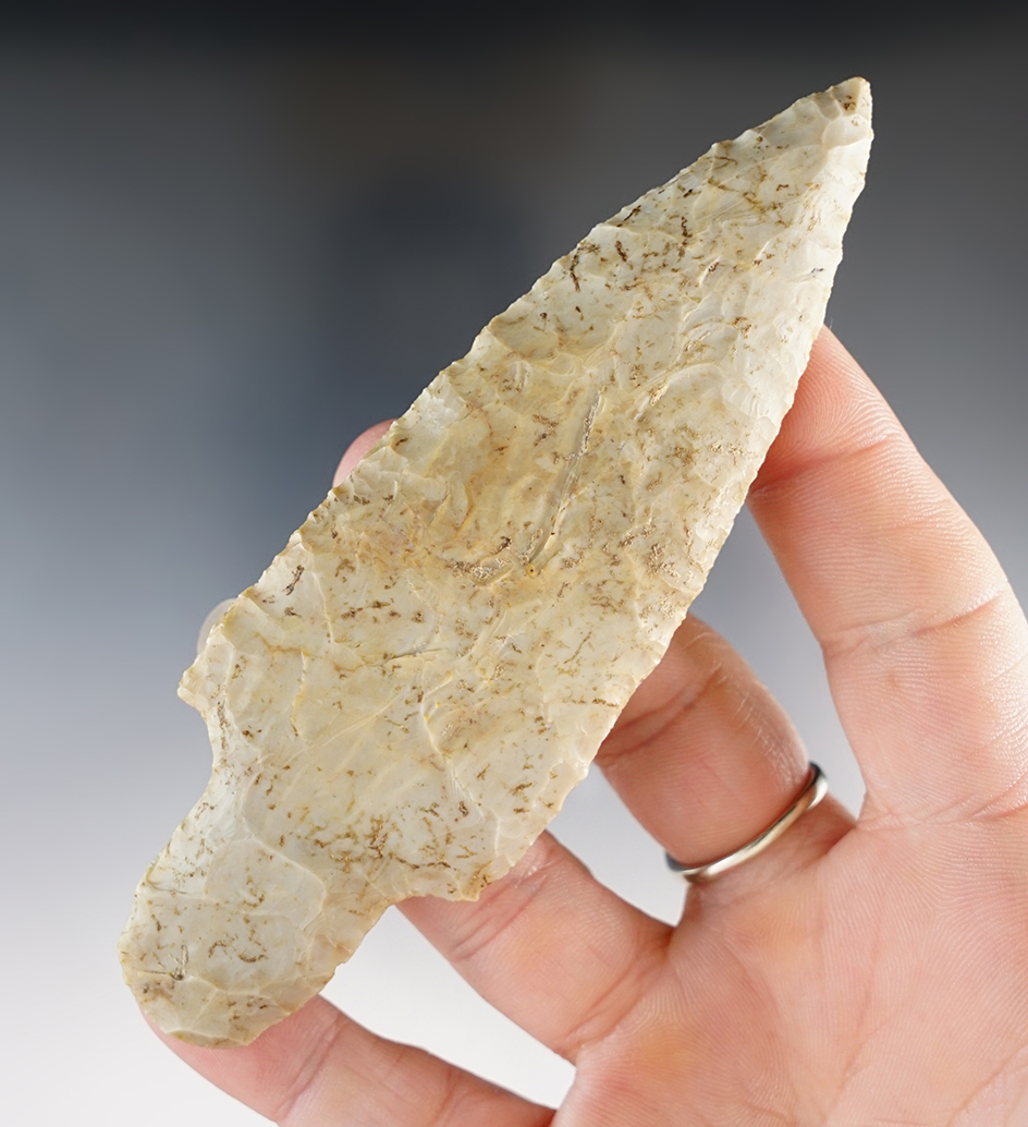 4 5/8" Adena made from cream Flint Ridge Flint. Found in German Twp., Clark Co., Ohio. Pictured!