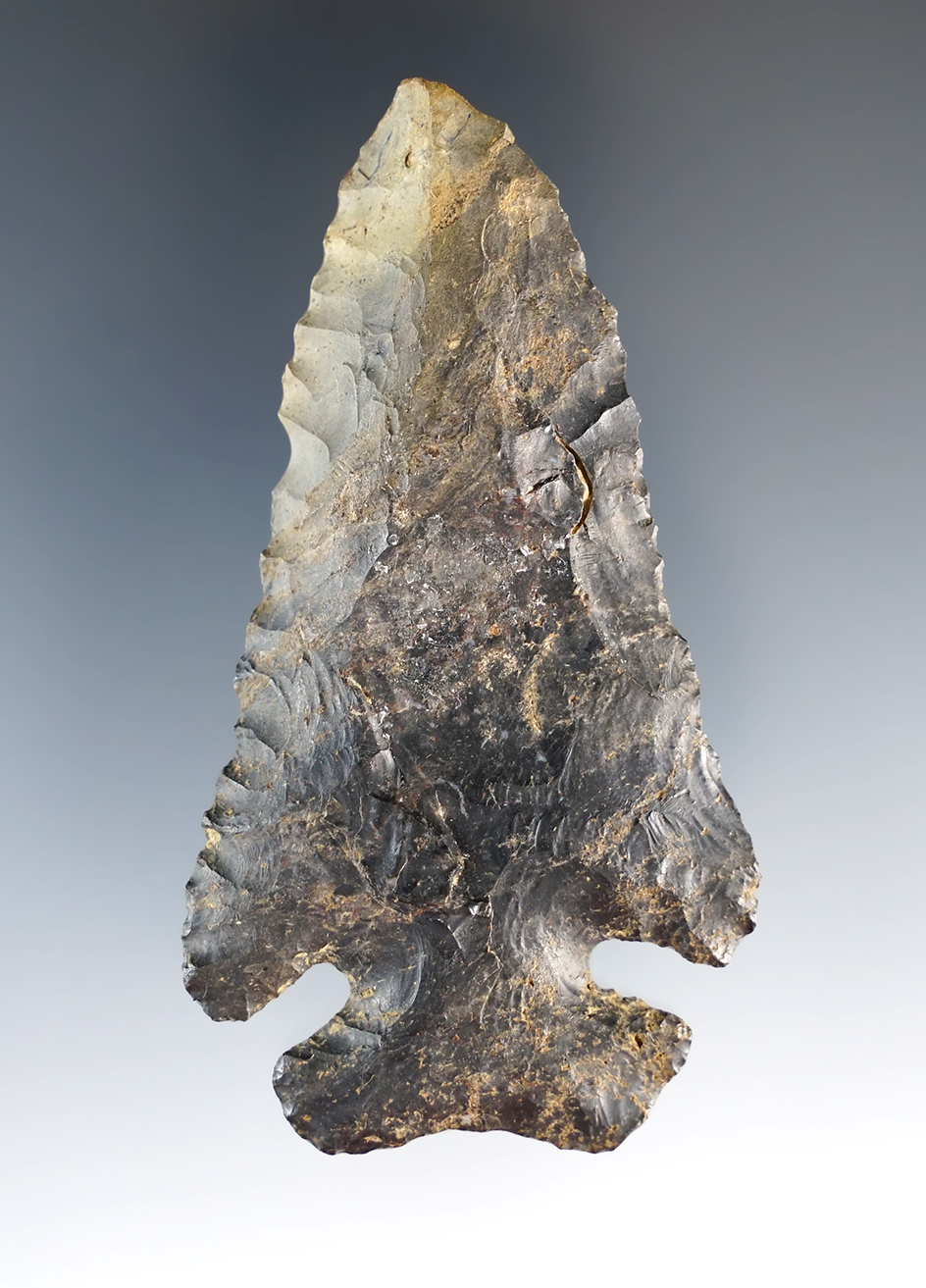 3 1/16" Archaic Thebes made from Coshocton Flint, found in Ohio. Ex. Eugene Hirzel, Brent Heath.
