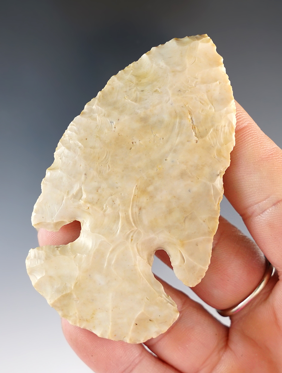 3 1/8" Archaic Bevel made from cream Flint Ridge Flint. Found on the Hiller Farm in Adams Co., Ohio.