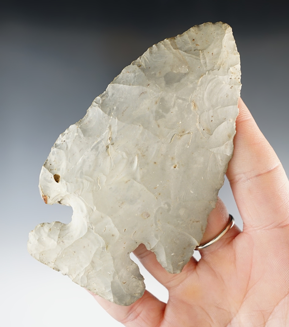 4 1/8" Archaic Thebes made from light gray flint. Found in Richland Co., Ohio. Ex. Walter Simms.