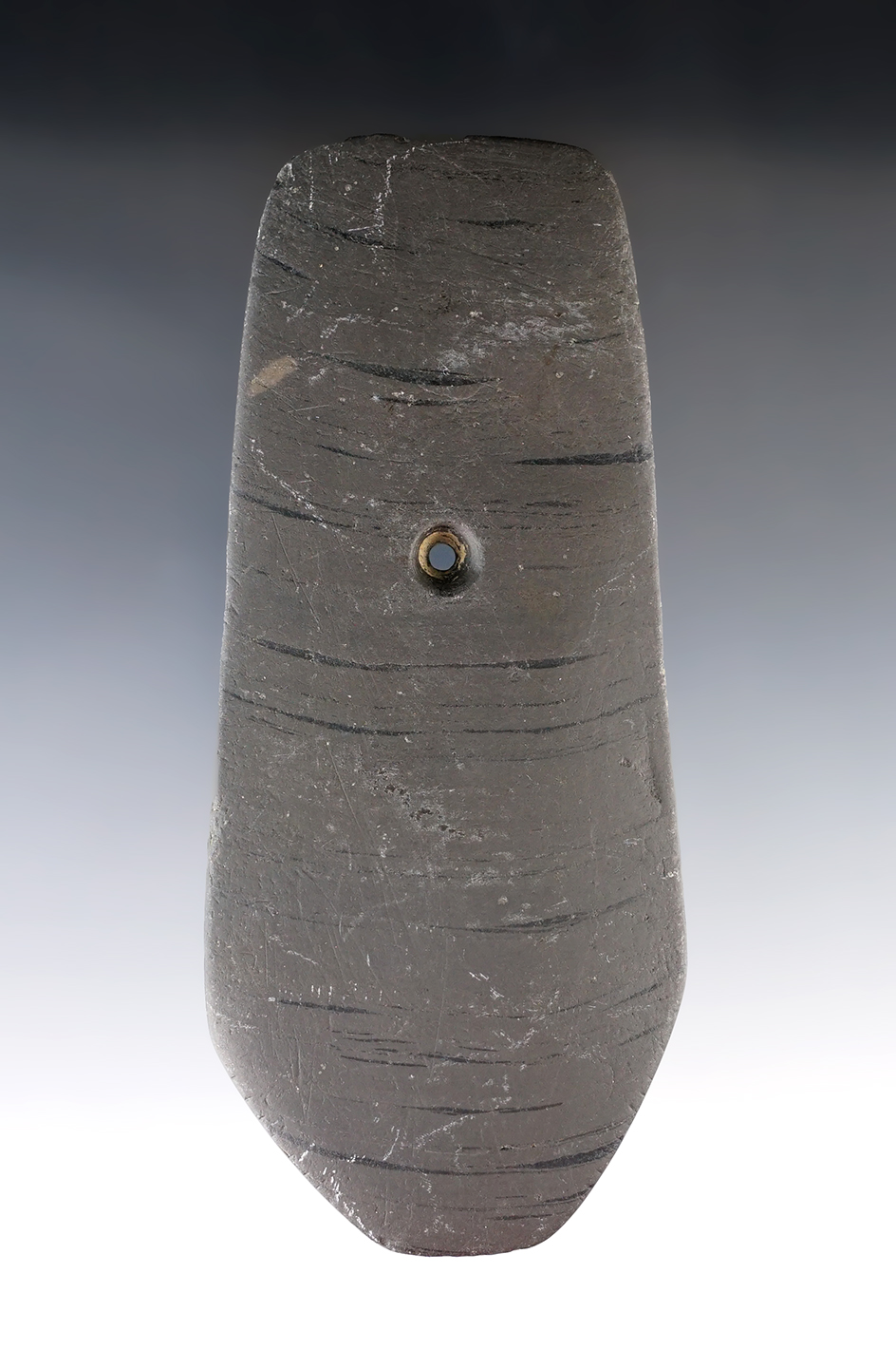 5 1/4" Hopewell Pentagonal Pendant that is tallied, made from Banded Slate. Found in Jackson Co., Oh