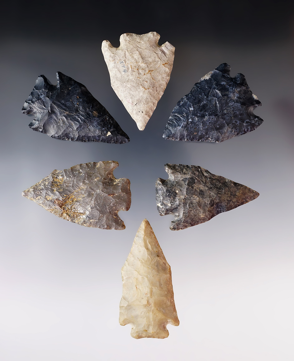 Set of 6 Archaic Pentagonals found in various Ohio counties. Largest is 2 7/16".