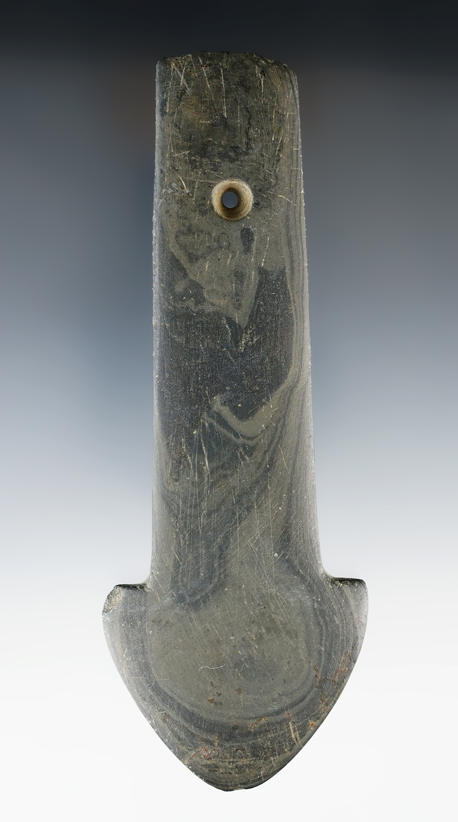 5 9/16" Adena Anchor Pendant made from green and black Mottled Slate. Montgomery Co., Ohio.